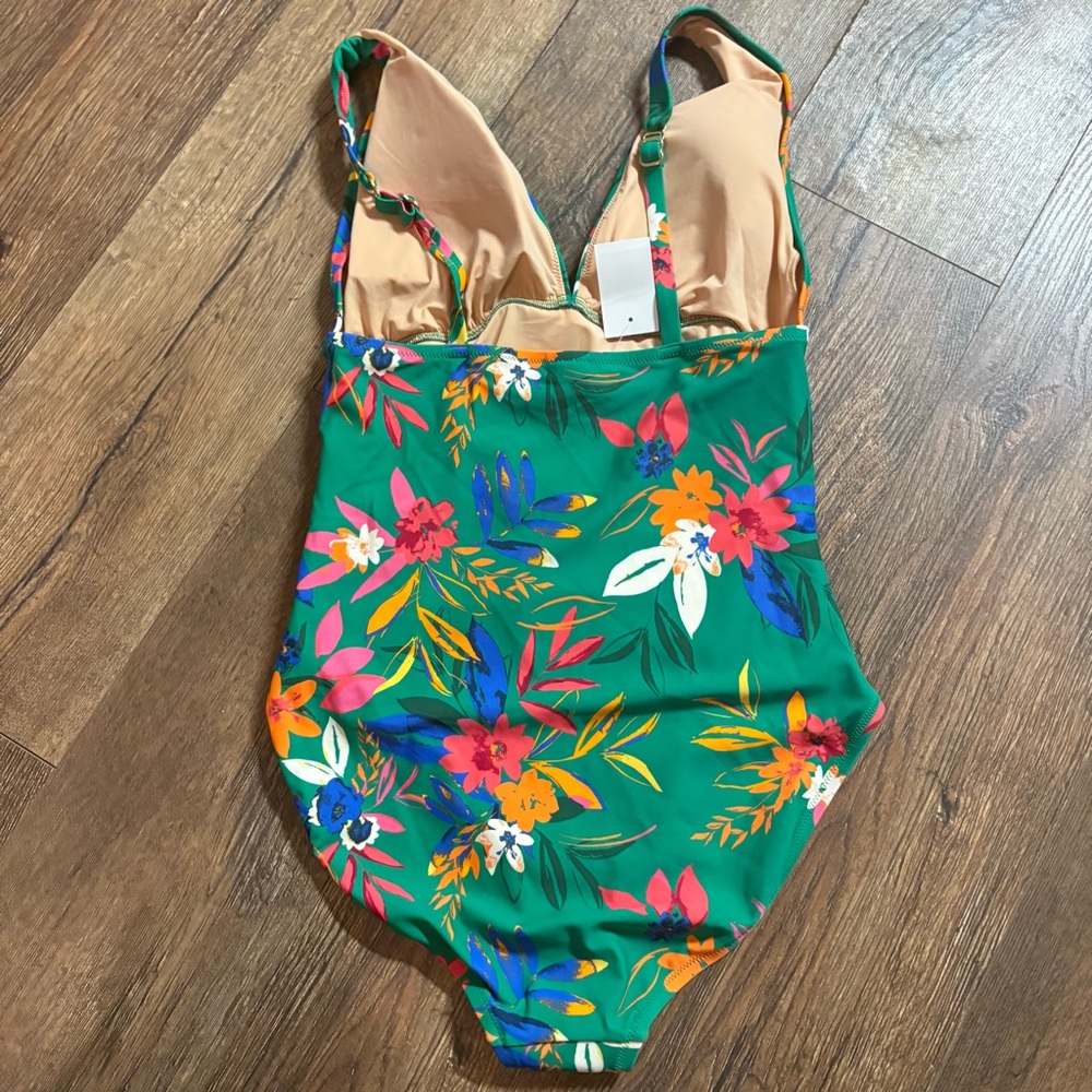 J.Crew Ruched Plunge One-Piece Swimsuit in a green floral pattern. - Picture 3 of 5